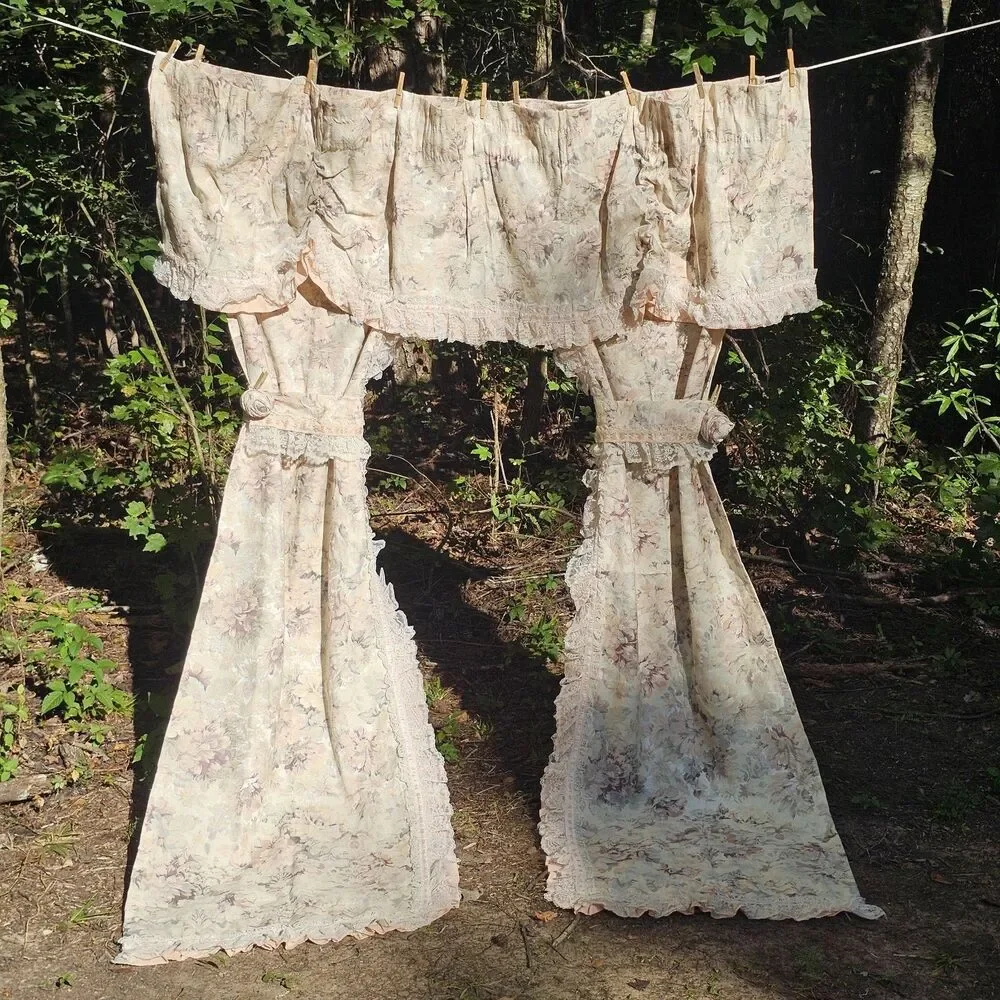 Vintage Handmade Romantic Cottage Floral Damusk Curtain Set - 2 Panels, Valence